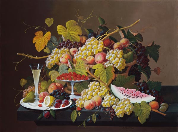 Stillleben mit Früchten und Sektglas. od Severin Roesen