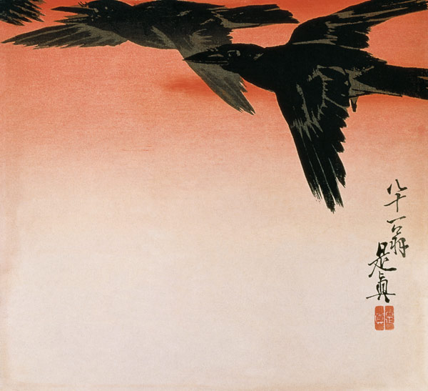 Crows in flight in a red sky od Shibata Zeshin