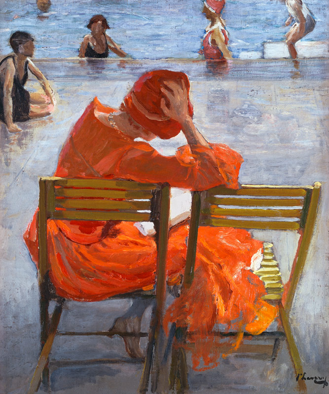 Mladá žena v červených šatech na koupališti od Sir John Lavery