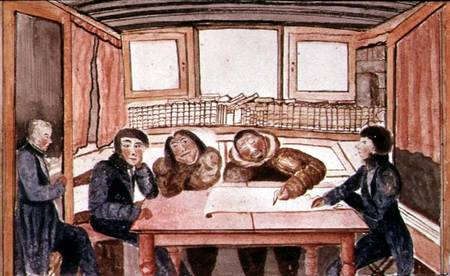 Two eskimos, Ikmalik and Apelaglui sketching the coast of King William Island on board the `Victory' od Sir John Ross