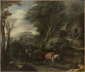 Mountainous landscape with a traveling merchant