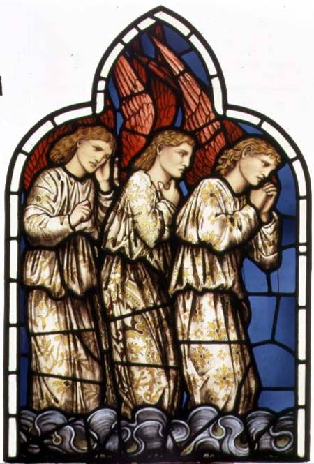 Three Angels, stained glass window removed from the east window of St. James' Church, Brighouse, Wes od The William Morris factory
