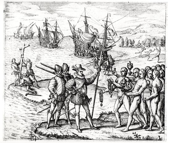 Christopher Columbus (1451-1506) receiving gifts from the cacique, Guacanagari, in Hispaniola (Haiti od Theodore de Bry