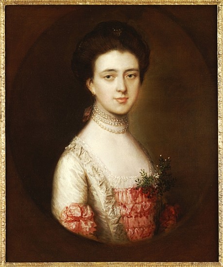 Portrait of a lady, bust length, in a pink and white dress trimmed with lace and a pearl necklace od Thomas Gainsborough