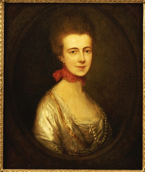 Portrait of Miss Boone, wearing a white dress with gold embroidery and pearl chain, a red ribbon aro od Thomas Gainsborough