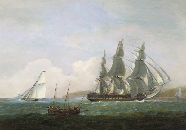 A frigate running under full sail, with a cutter and a lugger off the West Country od Thomas Luny