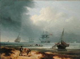 Shipping in a Windswept Bay with Men Working on the Shore