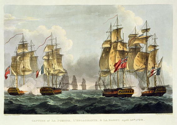 Capture of La Pomone, L'Engageante and La Babet, April 23rd 1794, engraved by Thomas Sutherland for od Thomas Whitcombe