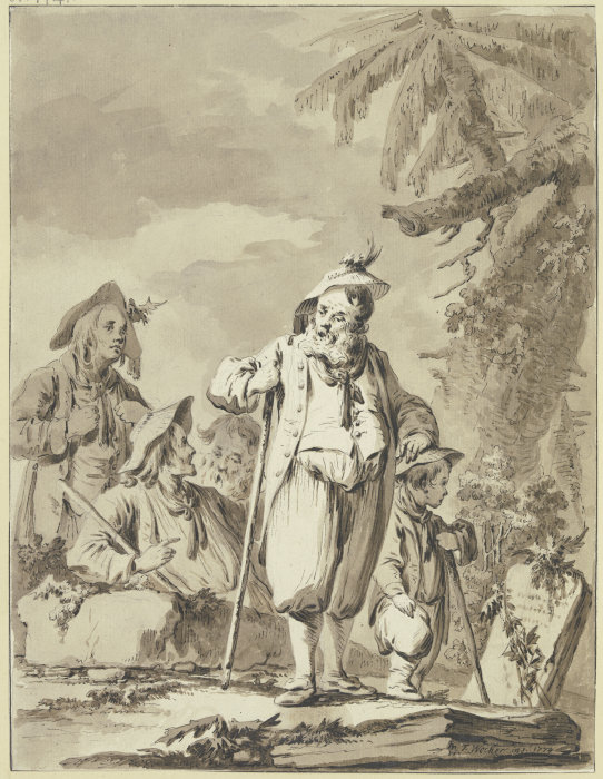 Ein alter Bauer mit drei Begleitern und einem Knaben bei einem Gedenkstein od Tiberius Dominikus Wocher