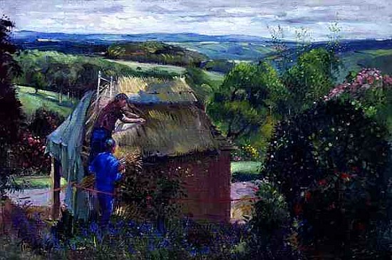 Thatching the Summer House, Lanhydrock House, Cornwall, 1993 (oil on canvas)  od Timothy  Easton