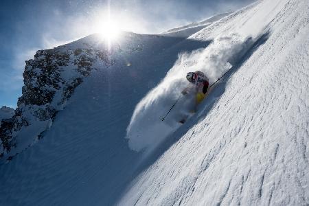 Steep powder turn with Charles Navillod