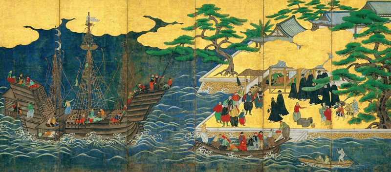 Namban Screen. Portuguese Nanban ships arriving for trade in Japan od Unbekannter Künstler