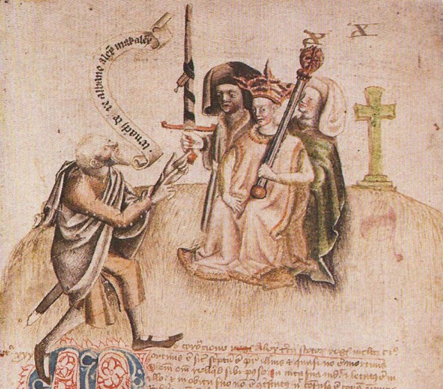 Coronation of King Alexander III on Moot Hill, Scone. From manuscript of the Scotichronicon by Walte od Unbekannter Künstler
