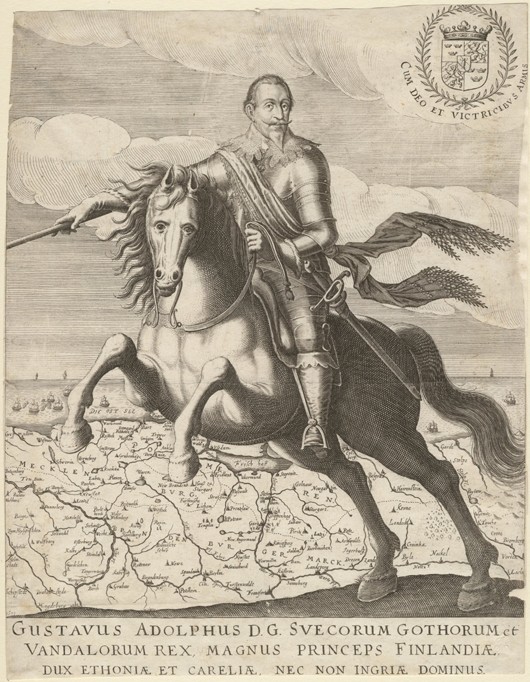 Gustavus Adolphus before the map of Pomerania in the background od Unbekannter Künstler