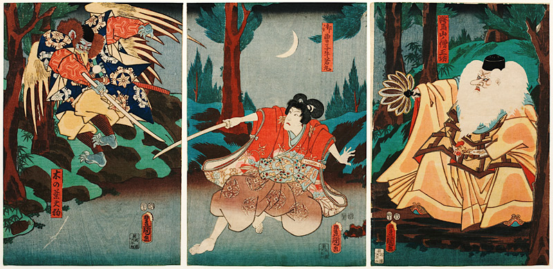 Tengu-Abtkönig Sojobo erteilt Ushiwakamaru Fechtunterricht od Utagawa Kunisada