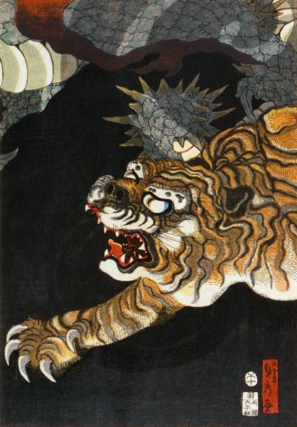 A dragon and two tigers - mitte od Utagawa Sadahide