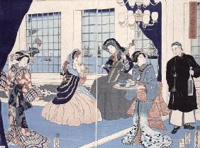 The salon of a house of foreign merchants at Yokohama, 1861 (colour woodblock print)