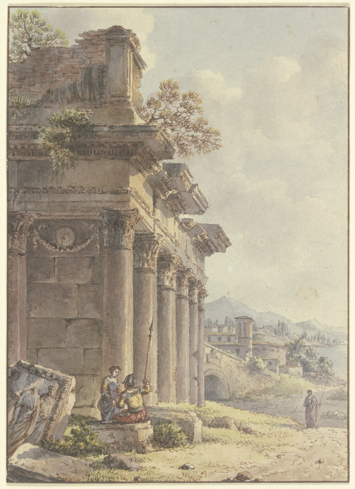 Architektonisches Capriccio: Ruinen einer Tempelfassade, im Hintergrund Landschaft mit Gebäuden und  od Victor Jean Nicolle