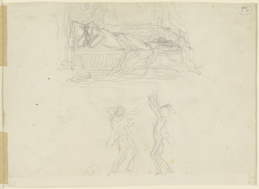 Frau, mit aufgestütztem Kopf bäuchlings auf einem Bett liegend, darunter zwei tanzende Gestalten od Victor Müller