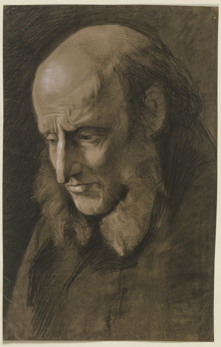 Kopf eines backenbärtigen Mannes mit Stirnglatze nach links od Victor Müller
