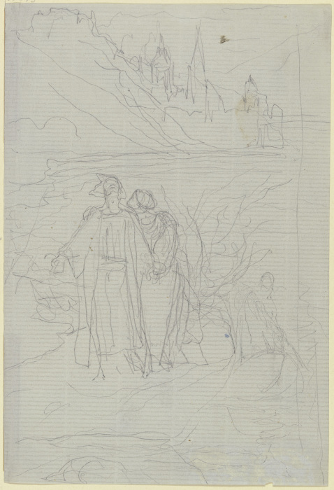Schreitendes Paar am Ufer, rechts ein Kahn mit Schiffer od Victor Müller