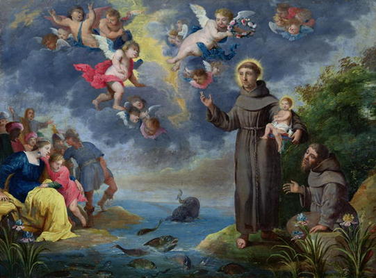 St. Anthony of Padua Preaching to the Fish (oil on copper) od Victor Wolfvoet
