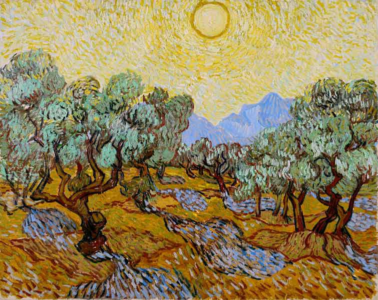 Olive trees with yellow sky and sun - Vincent van Gogh