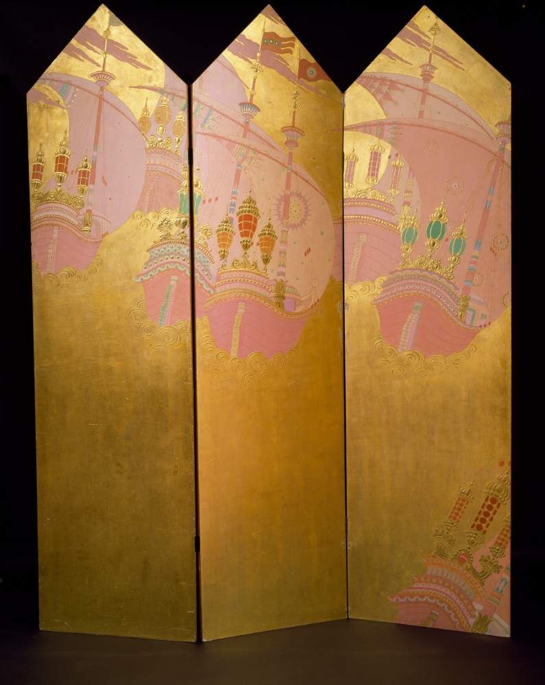 Art deco screen in gilded wood with polychrome galleons, by Vittorio Zecchin od Vittorio Zecchin
