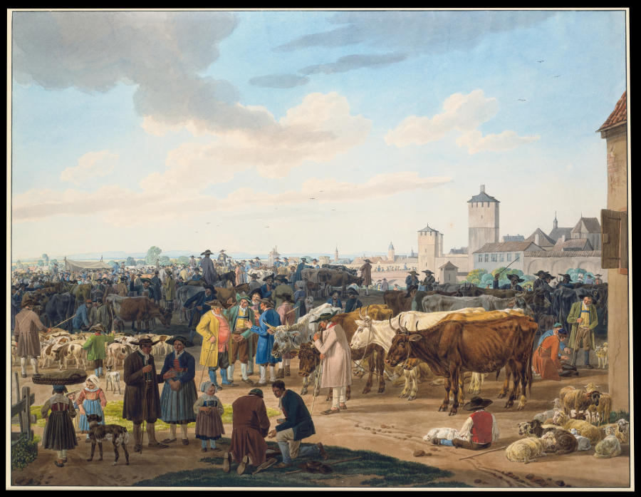 Viehmarkt am Rande einer Stadt od Wilhelm Alexander Wolfgang von Kobell