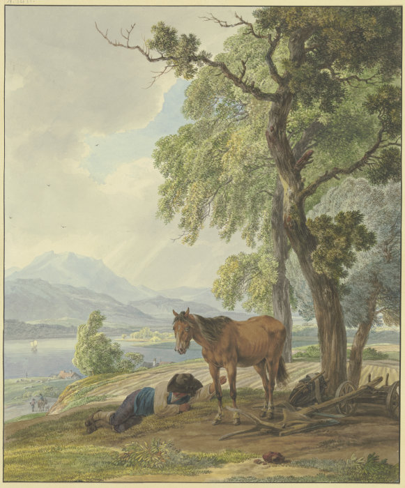 Ruhender Bauer mit seinem Pferd neben dem gepflügten Acker od Wilhelm Alexander Wolfgang von Kobell