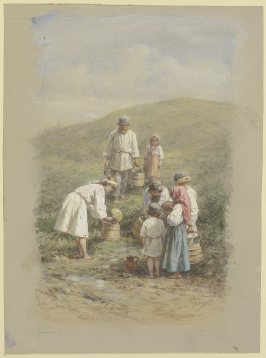 Russische Bauern beim Wasserholen an der Quelle od Wilhelm Amandus Beer