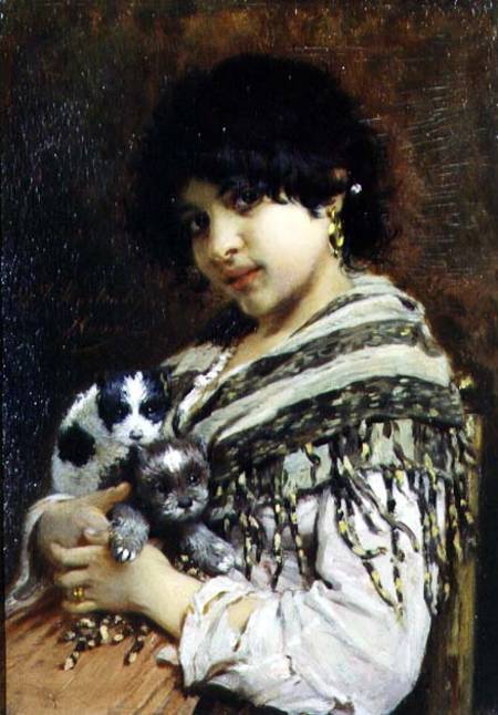 Gypsy Girl with Two Puppies od Wilhelm Johannes Maertens