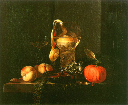 Still life with a silbener bowl, glasses and fruits od Willem Kalf