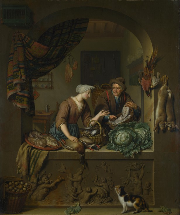 A Woman and a Fish-pedlar in a Kitchen od Willem van Mieris