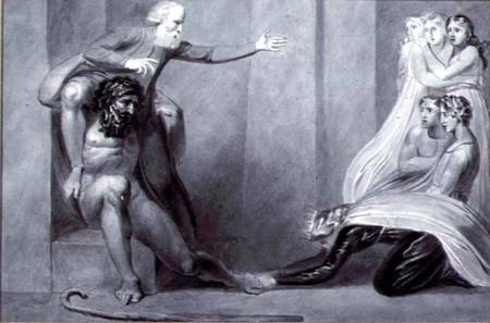 Tiriel, borne back to the Palace on the Shoulders of his Brother Ijim, addressing his five Daughters od William Blake