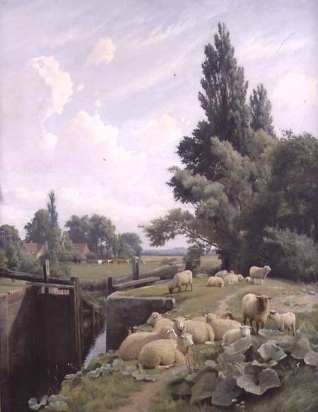 Landscape with a Canal Lock and a Flock of Sheep od William Sidney Cooper