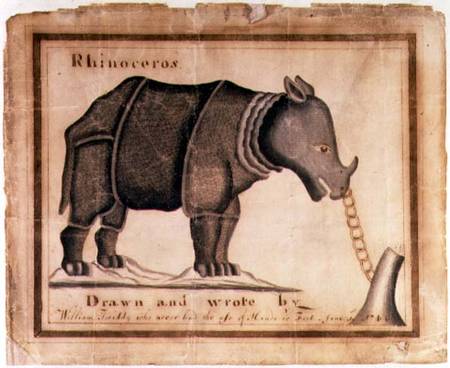 'Rhinoceros, drawn and wrote by William Twiddy who never had the use of hands or feet' od William Twiddy