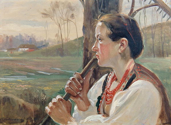 Girl with Rake, c.1914 (oil on board)  od Wincenty Wodzinowsky