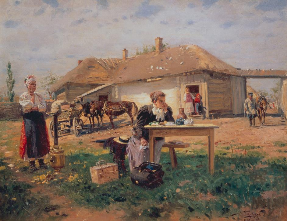 Die Ankunft der Lehrerin auf dem Dorfe od Wladimir Jegorowitsch Makowski